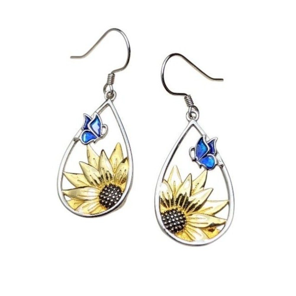 Sterling Silver Enamel Sunflower Butterfly Dangle Earrings